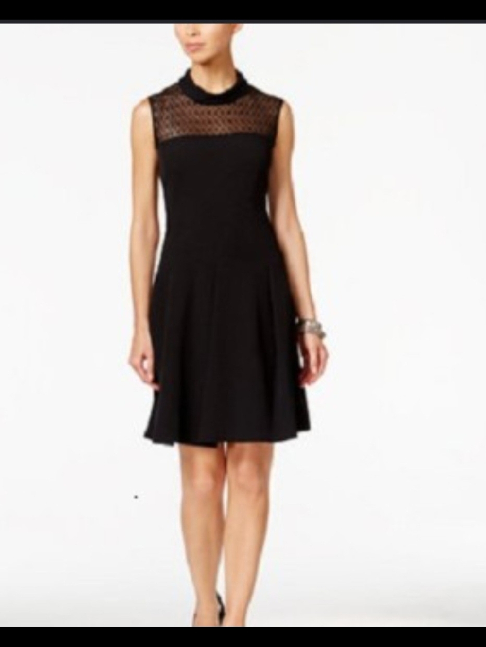 Anne Klein Black Sleeveless Lace Yoke Fit-and-Flare Mini Dress - Picture 7 of 8